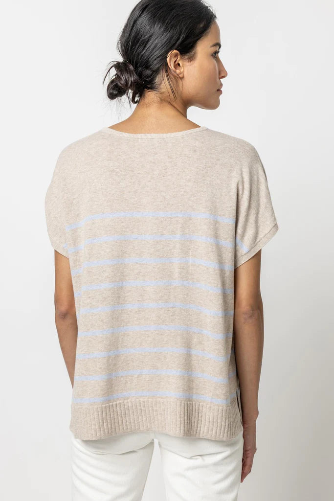 Striped Split Neck Tunic Sweatshirt - Wheat Stripe - Lilla P