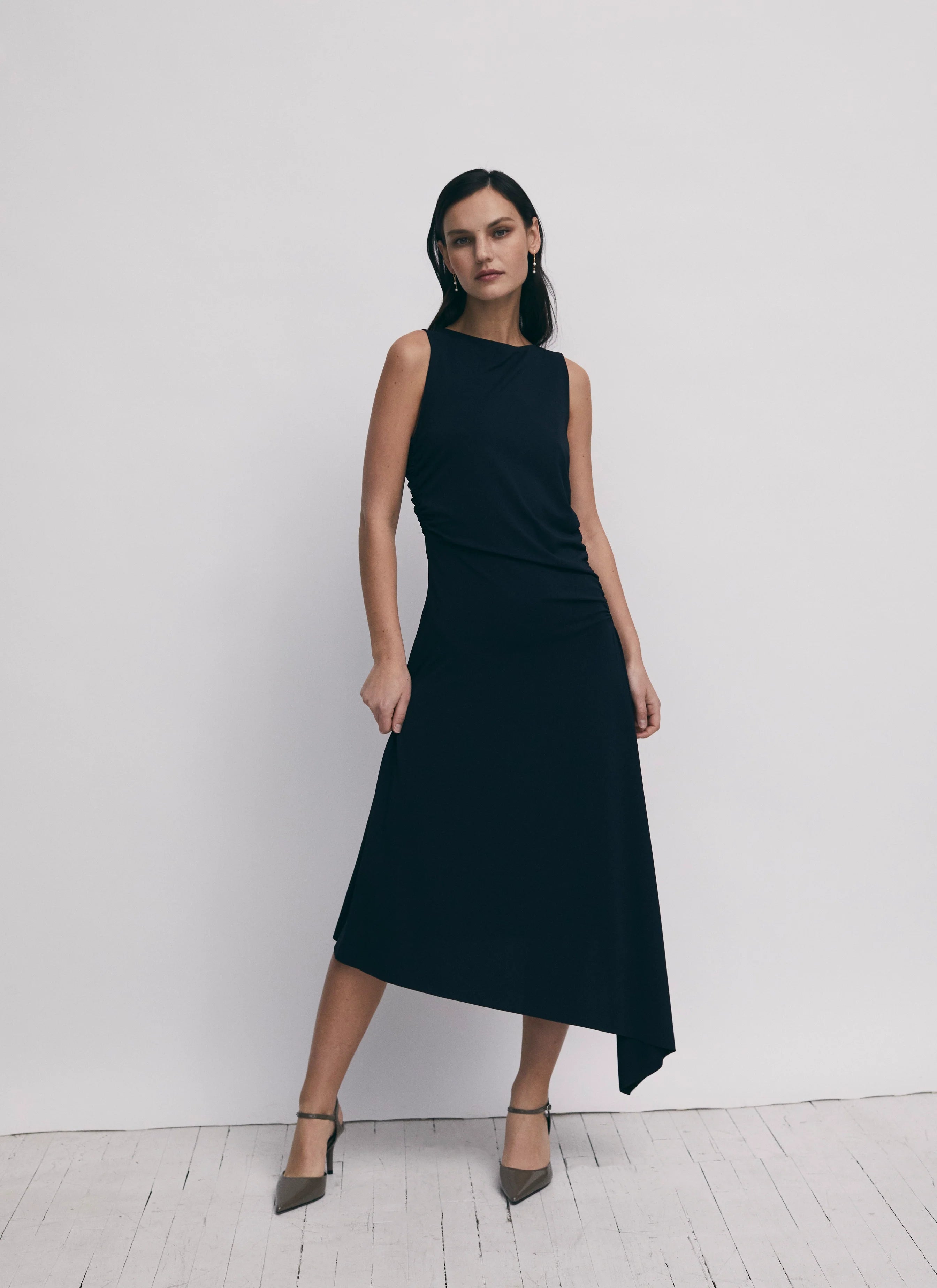 Asymmetric Gathered Midi Dress - Black - Iris Setlakwe Twist Fashions Inc. Asymmetric Gathered Midi Dress - Black - Iris Setlakwe Twist Fashions Inc.