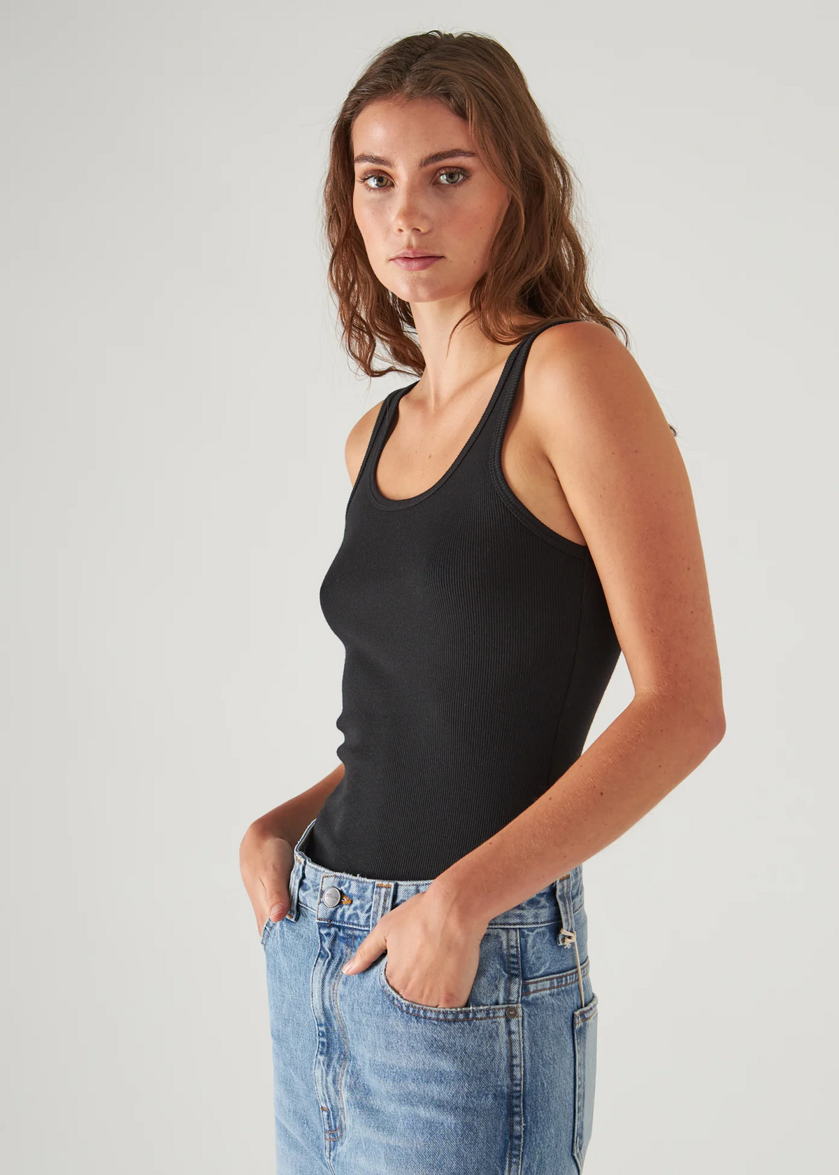 Scoop Neck Rib Tank - Black