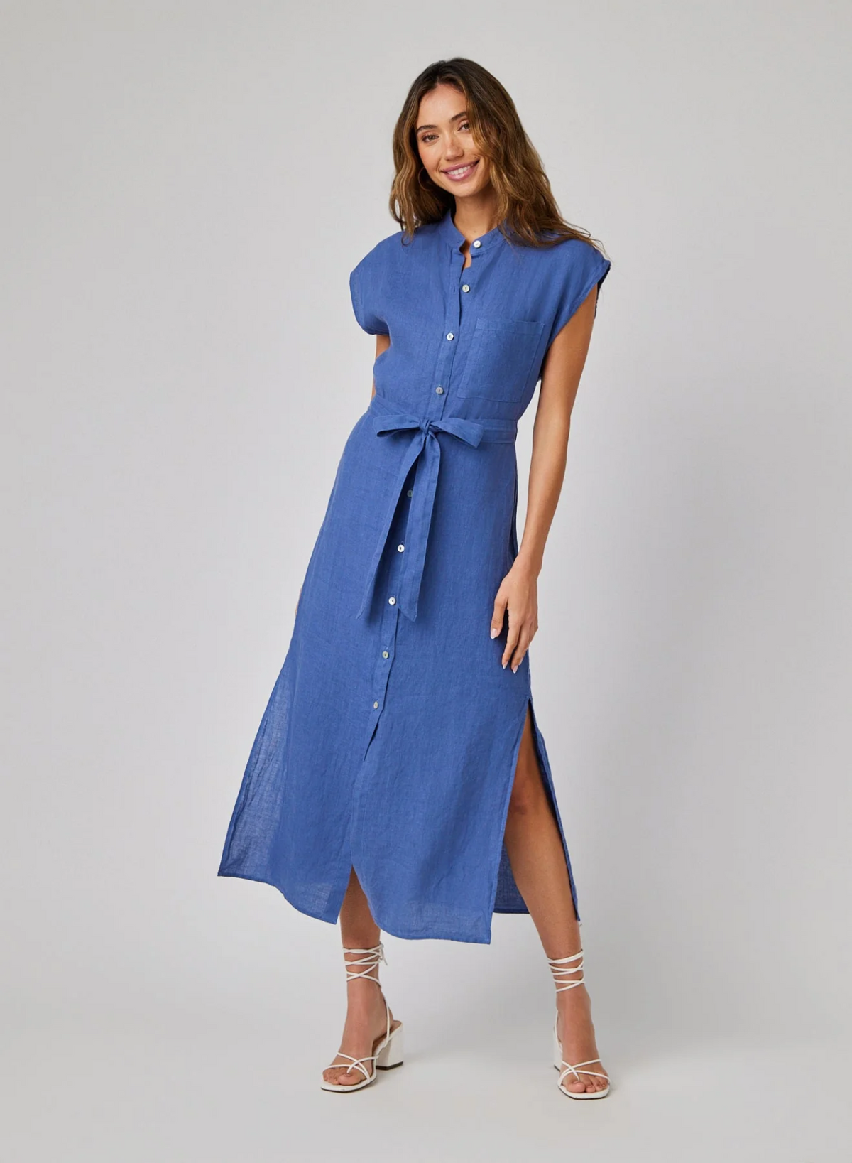 Cap Sleeve Button Front Midi Dress - Antique Indigo