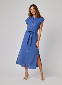 Cap Sleeve Button Front Midi Dress - Antique Indigo