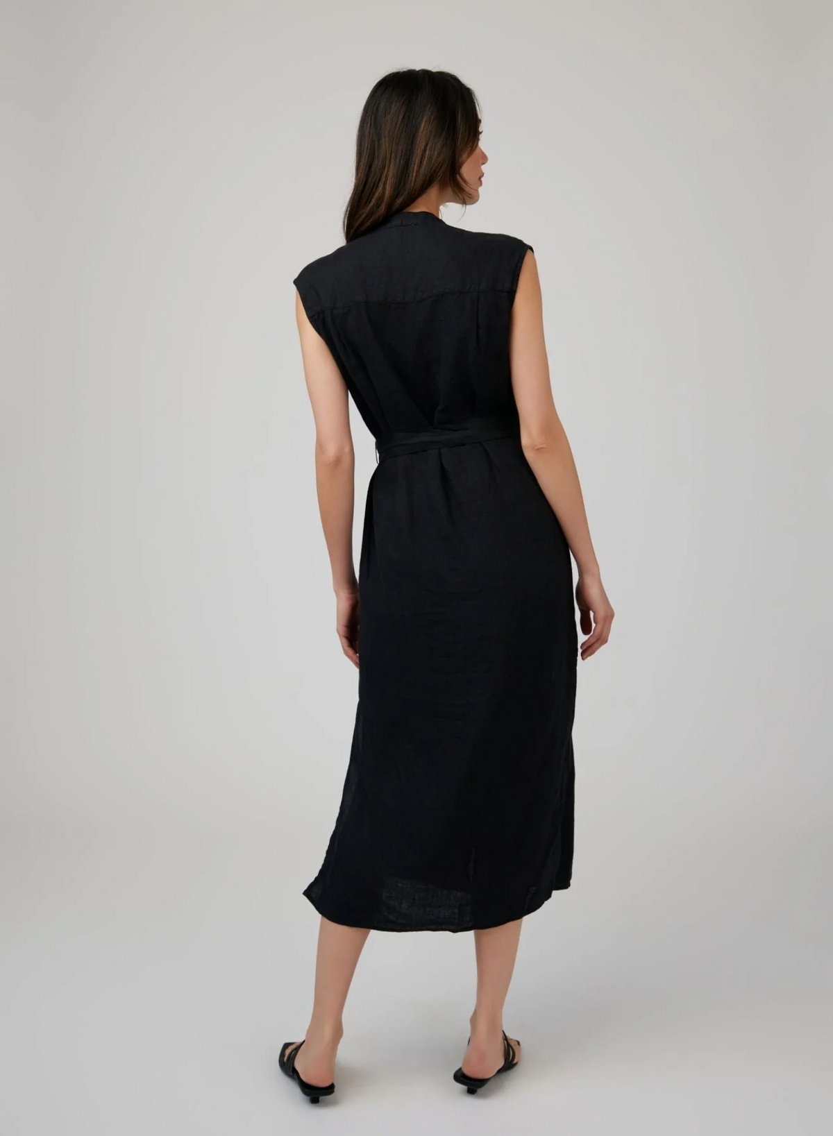 Cap Sleeve Button Front Midi Dress - Black