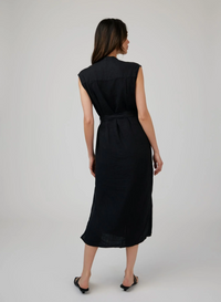 Cap Sleeve Button Front Midi Dress - Black