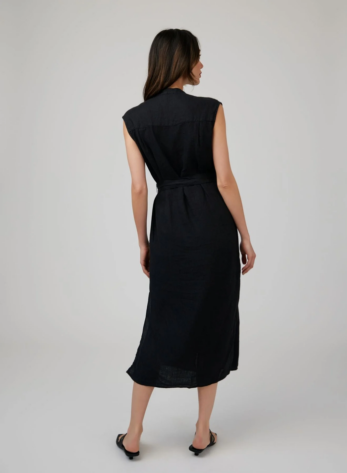 Cap Sleeve Button Front Midi Dress - Black