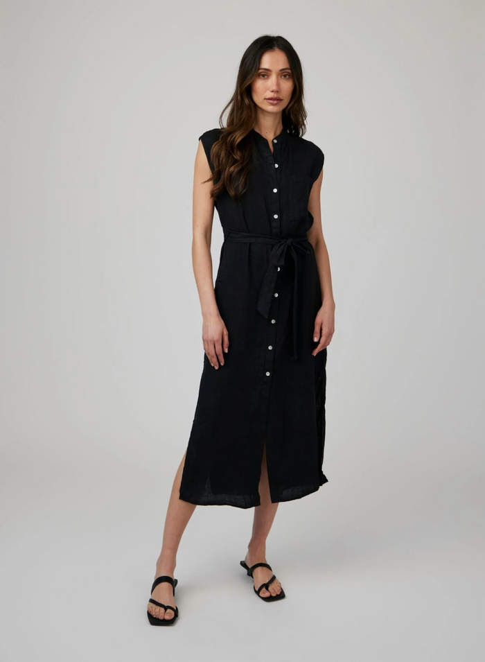 Cap Sleeve Button Front Midi Dress - Black