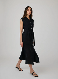 Cap Sleeve Button Front Midi Dress - Black