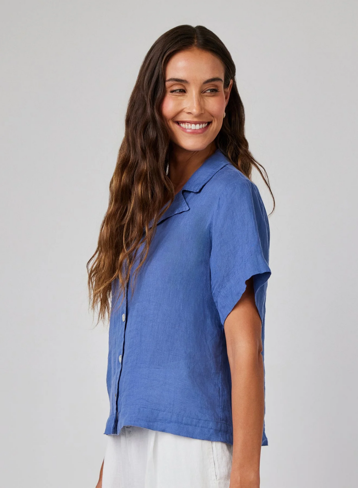 Short Sleeve Flowy Button Down - Antique Indigo