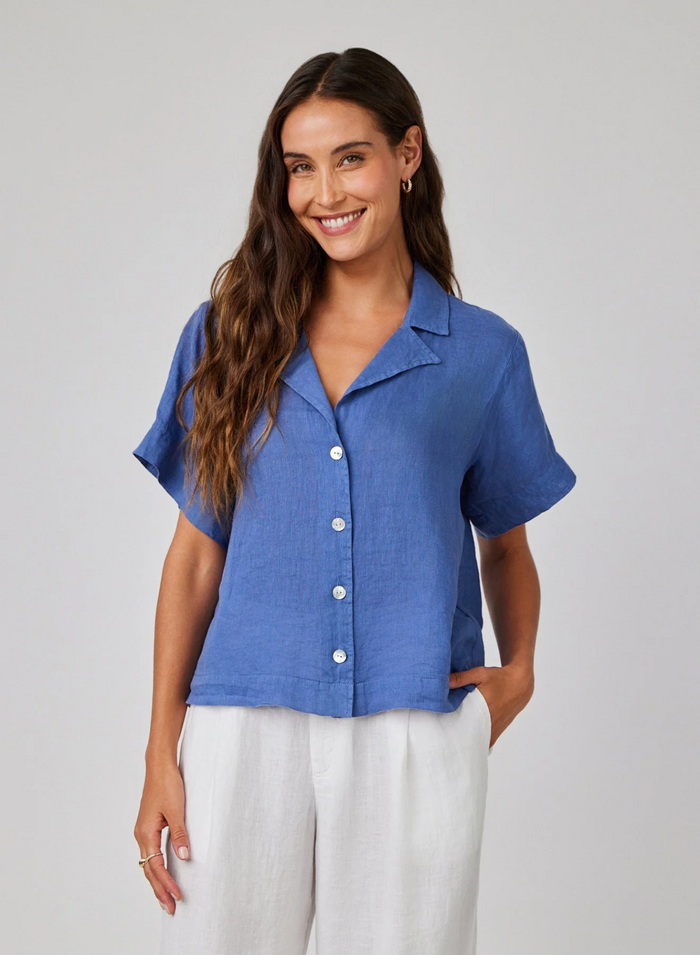 Short Sleeve Flowy Button Down - Antique Indigo