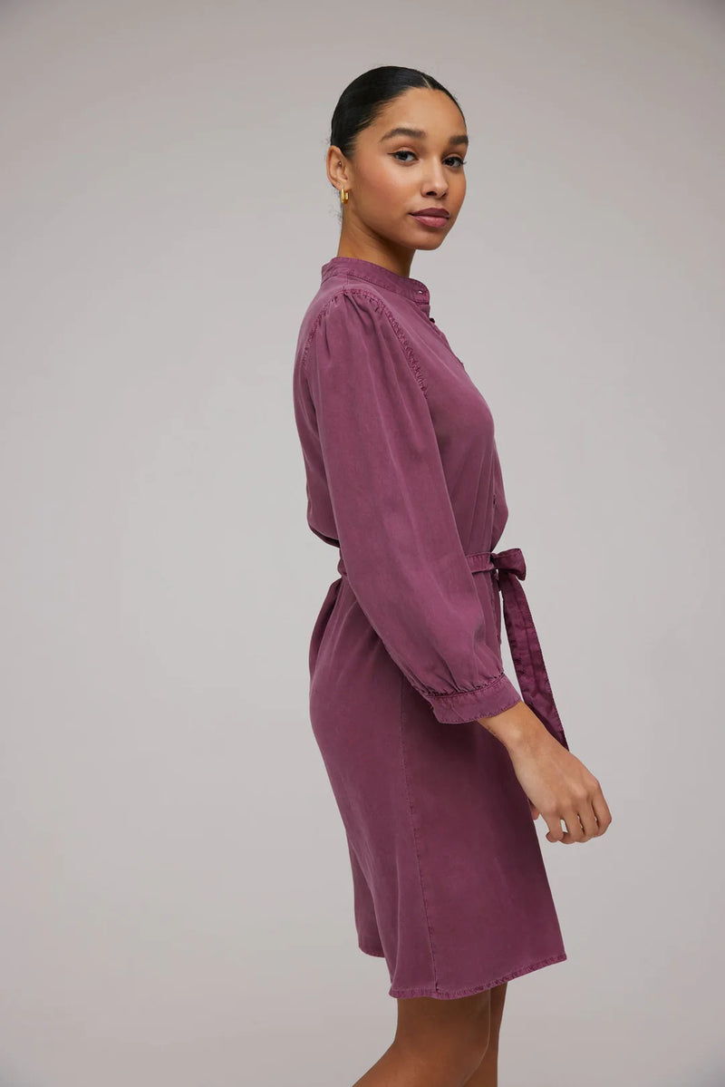 Puff Sleeve Belted Shirt Dress - Purple Berry