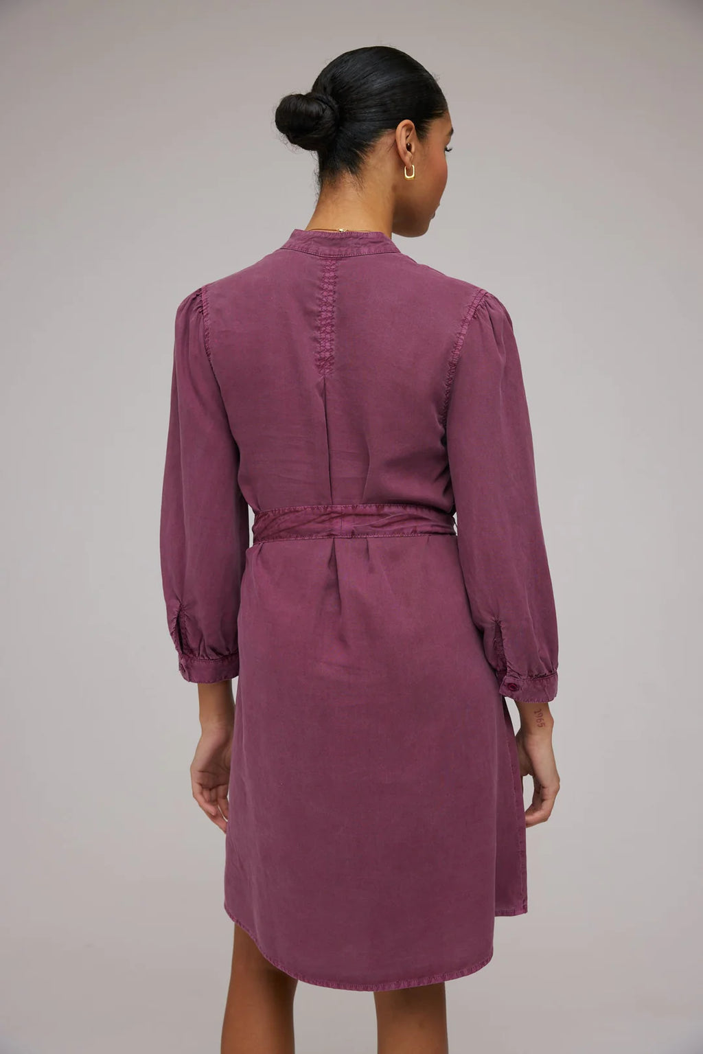 Puff Sleeve Belted Shirt Dress Purple Berry