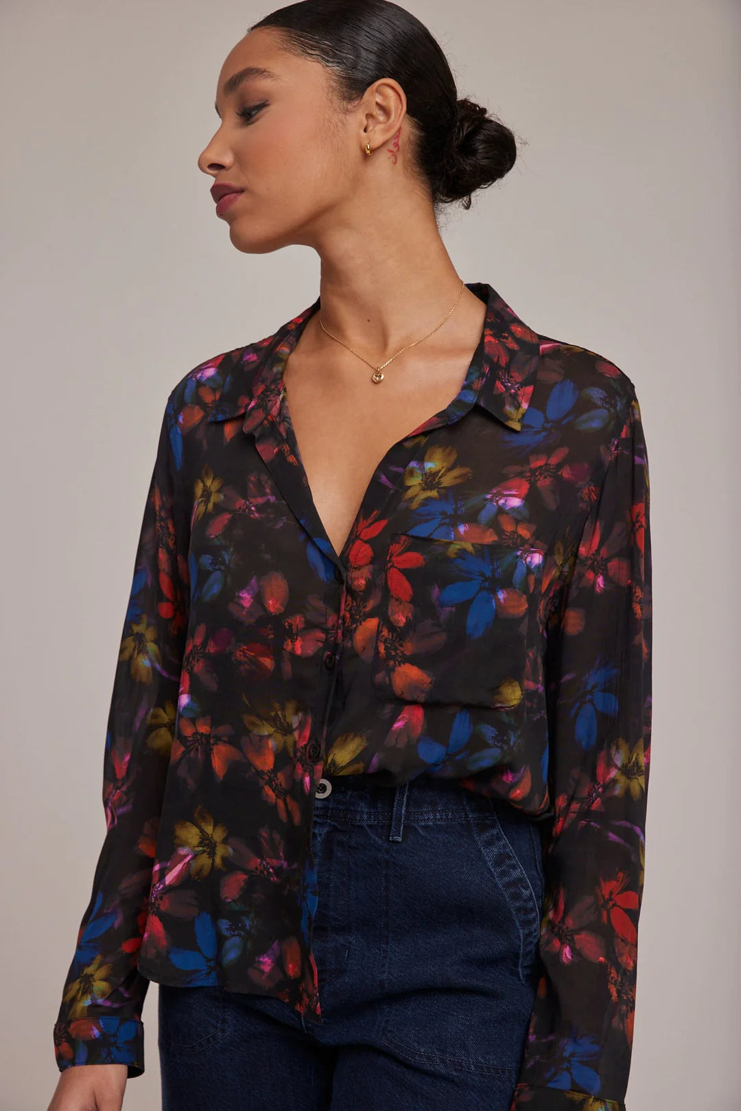 Rounded Button Down Shirt Evening Garden Print