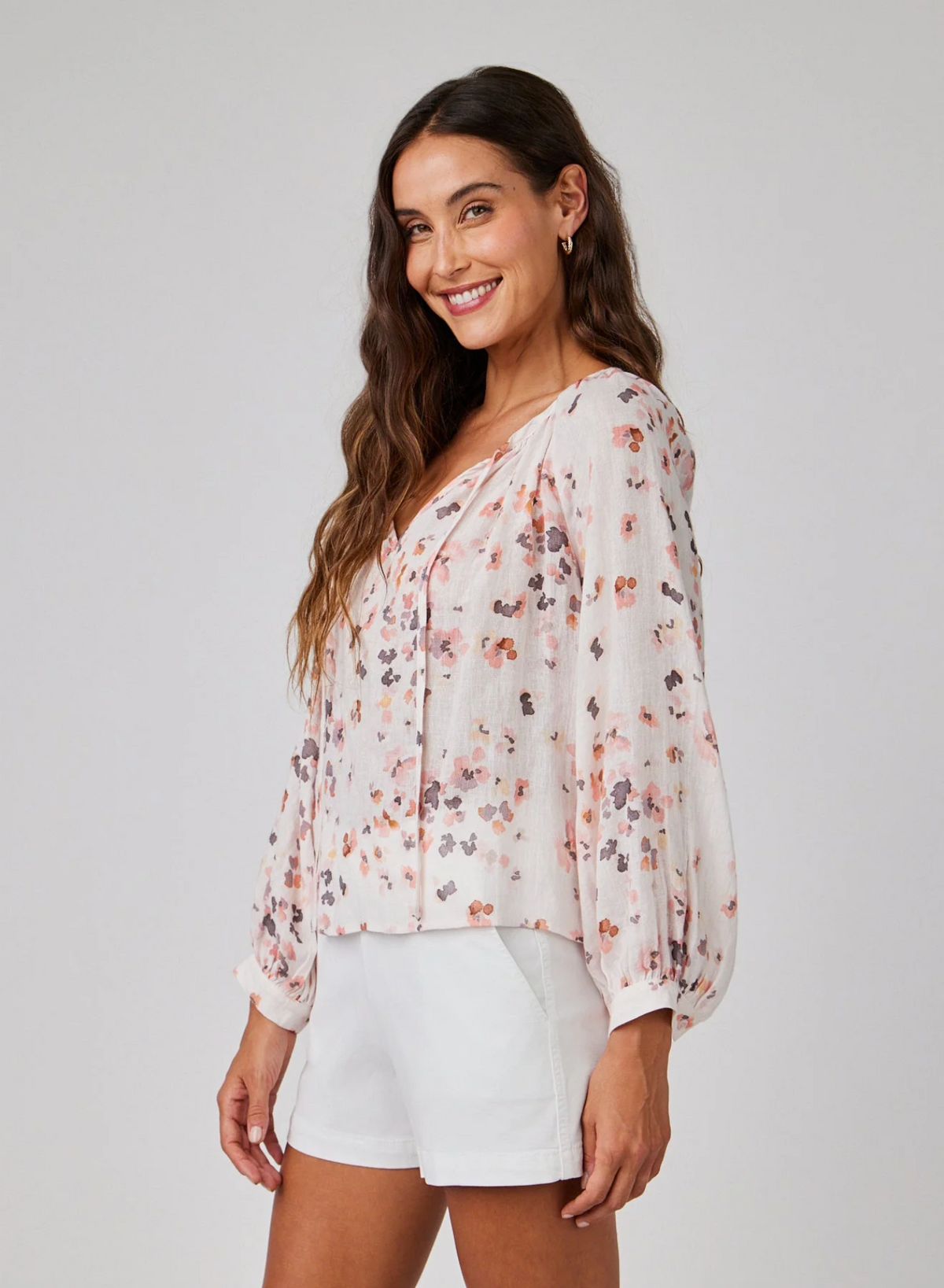 Shirred Raglan Tie Front Blouse - Hana Floral Print