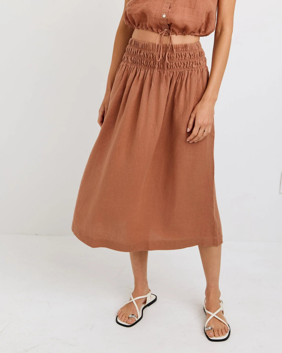 Smocked Waist Gathered Skirt - Coastal Brown