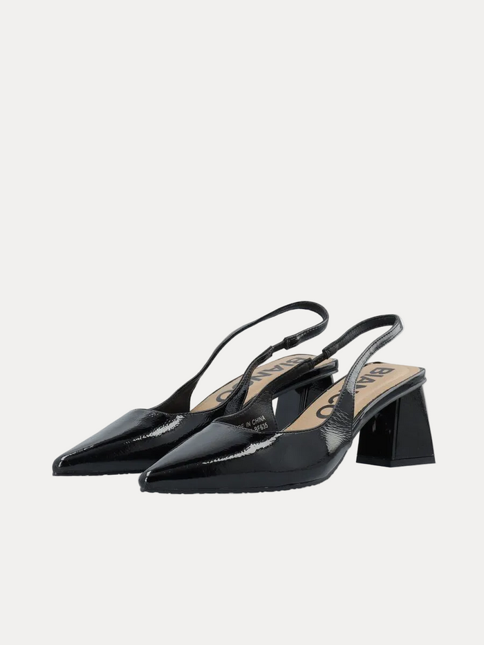 Black slingback shoes with a block heel on a white background