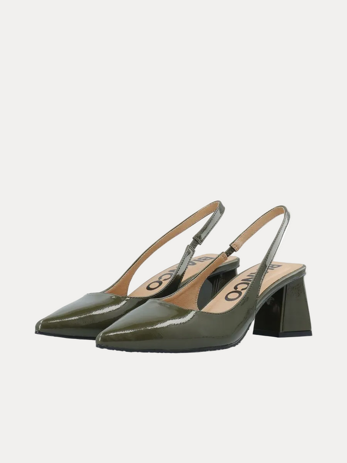 A pair of olive green patent leather slingback pumps with block heels, shown from a three-quarters angle on a white background.