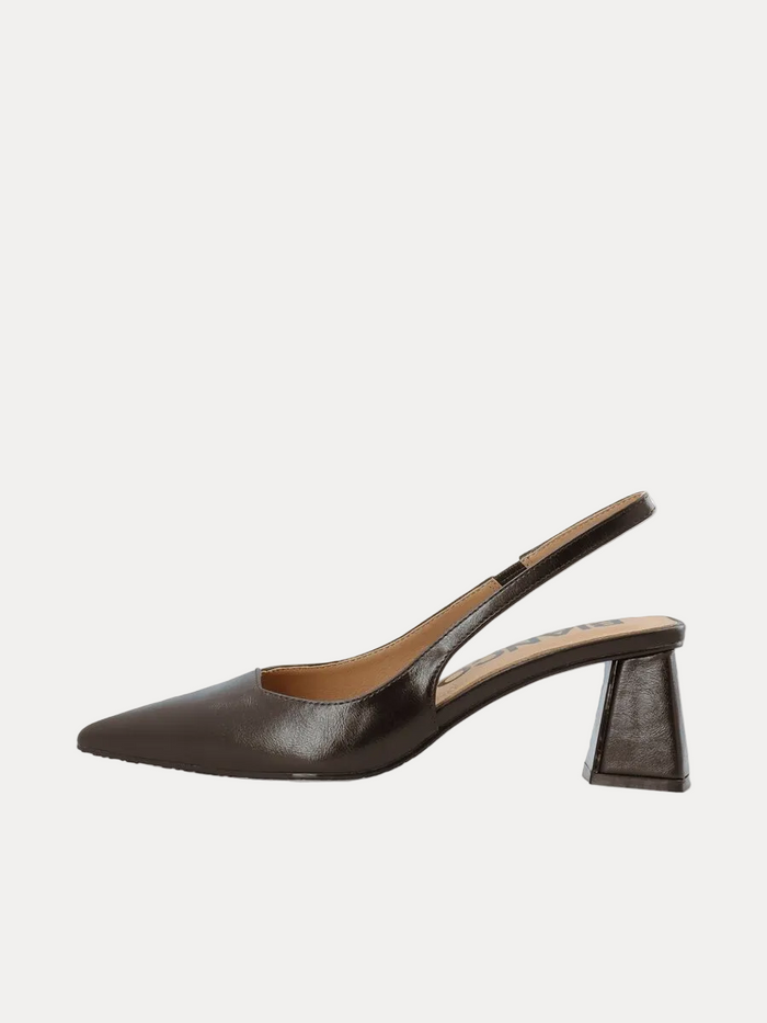 Black woven shoe with a block heel on a white background