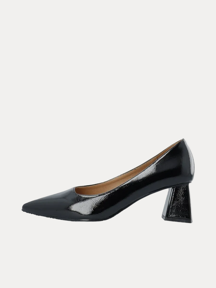 A single black patent leather pump with a pointed toe and a chunky block heel, shown in profile against a plain white background.