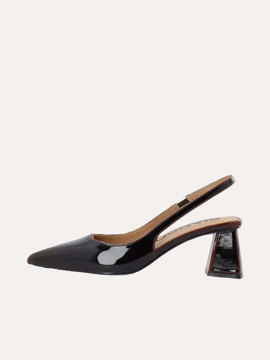A single black patent leather slingback pump with a pointed toe and a unique geometric block heel, shown in profile against a white background.