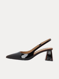 A single black patent leather slingback pump with a pointed toe and a unique geometric block heel, shown in profile against a white background.