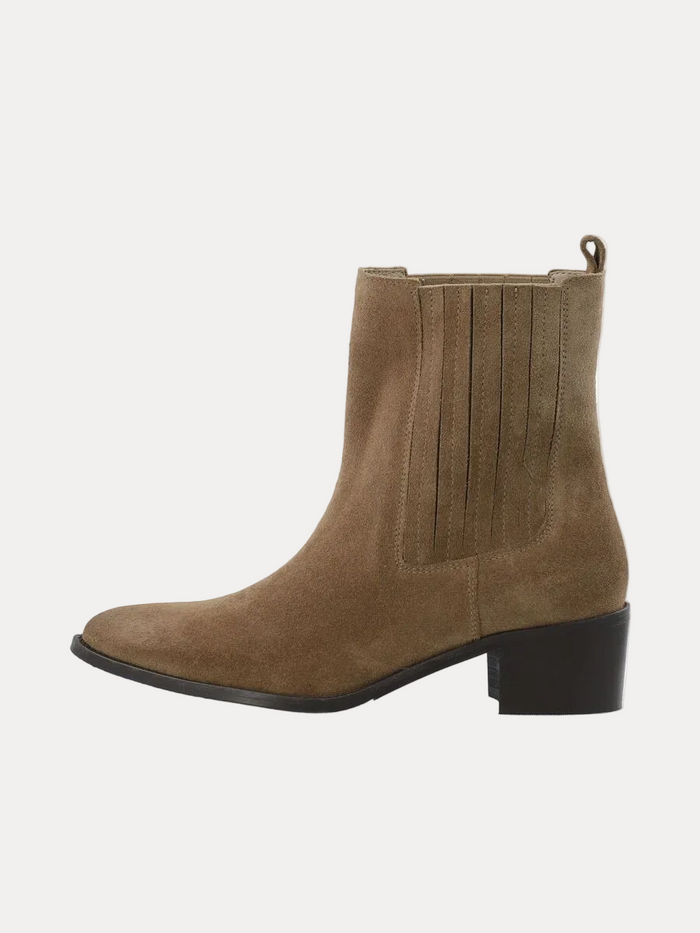 A single brown suede ankle boot with a black block heel, shown from a side profile on a white background.