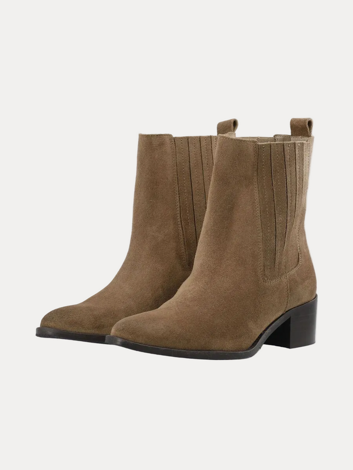 A pair of women's brown suede Chelsea-style ankle boots with a block heel and elastic side gore, shown on a clean white background.