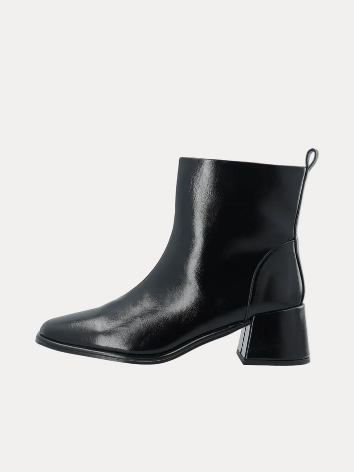 A single black leather ankle boot with a chunky block heel and a pull tab, shown from a side profile on a white background.