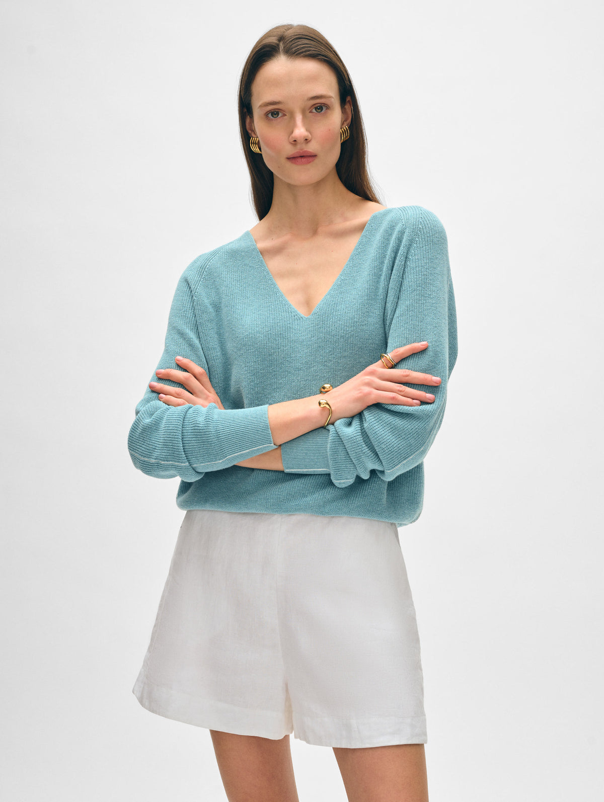 Cotton Blend Ribbed V Neck - Soft Aqua/White