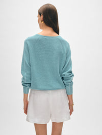 Cotton Blend Ribbed V Neck - Soft Aqua/White