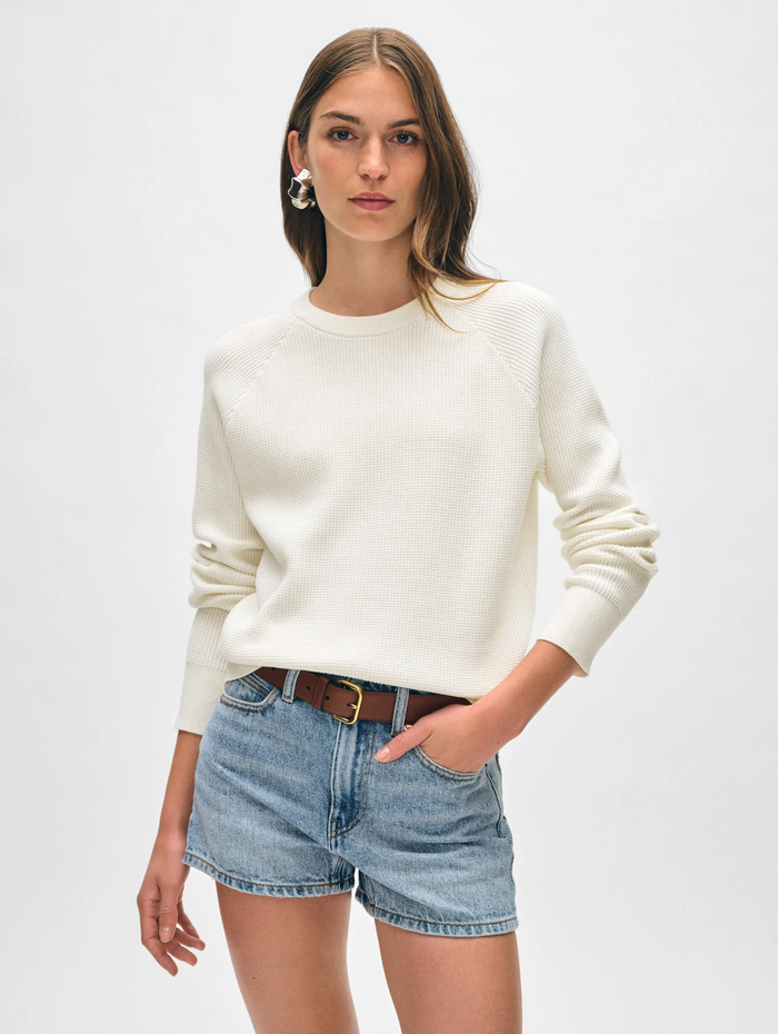 Cotton Blend Waffle Sweatshirt - White