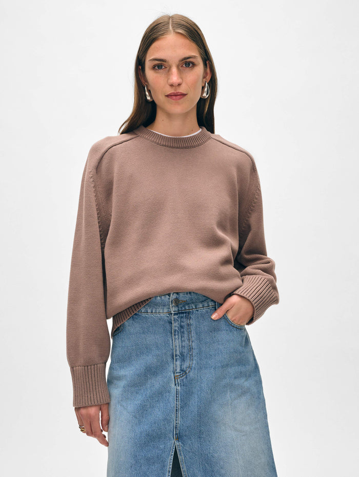 Organic Cotton Saddle Sleeve Crewneck - Mocha