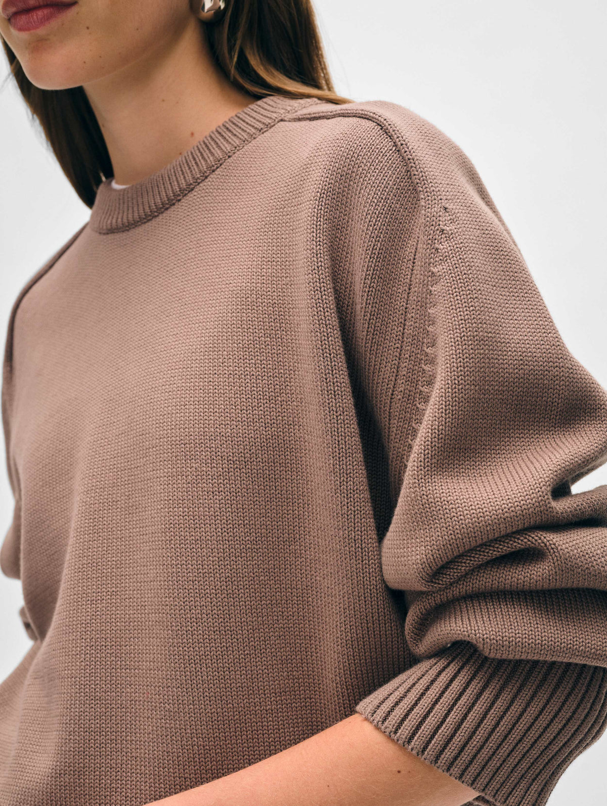 Organic Cotton Saddle Sleeve Crewneck - Mocha