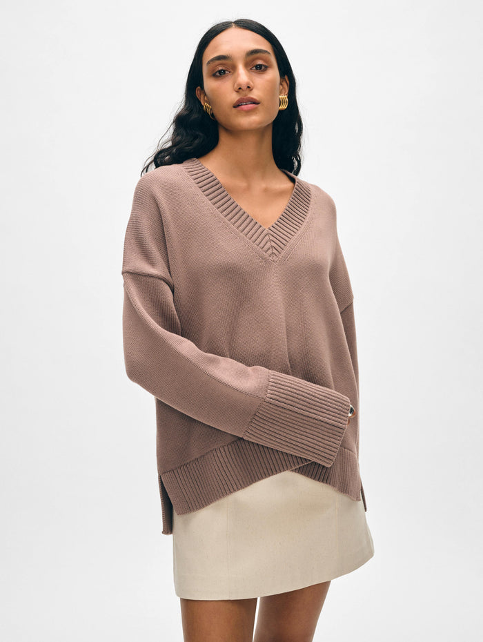 Organic Cotton Rib Trim Oversized VNeck - Mocha