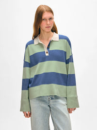 Fine Cotton Blend Rugby Polo - Cool Sage/Indigo