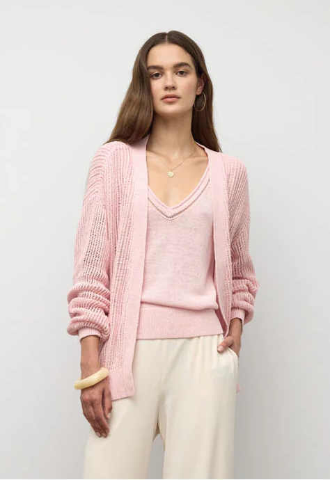 Crochet Insert Knitted Cap Sleeve Top - Rose