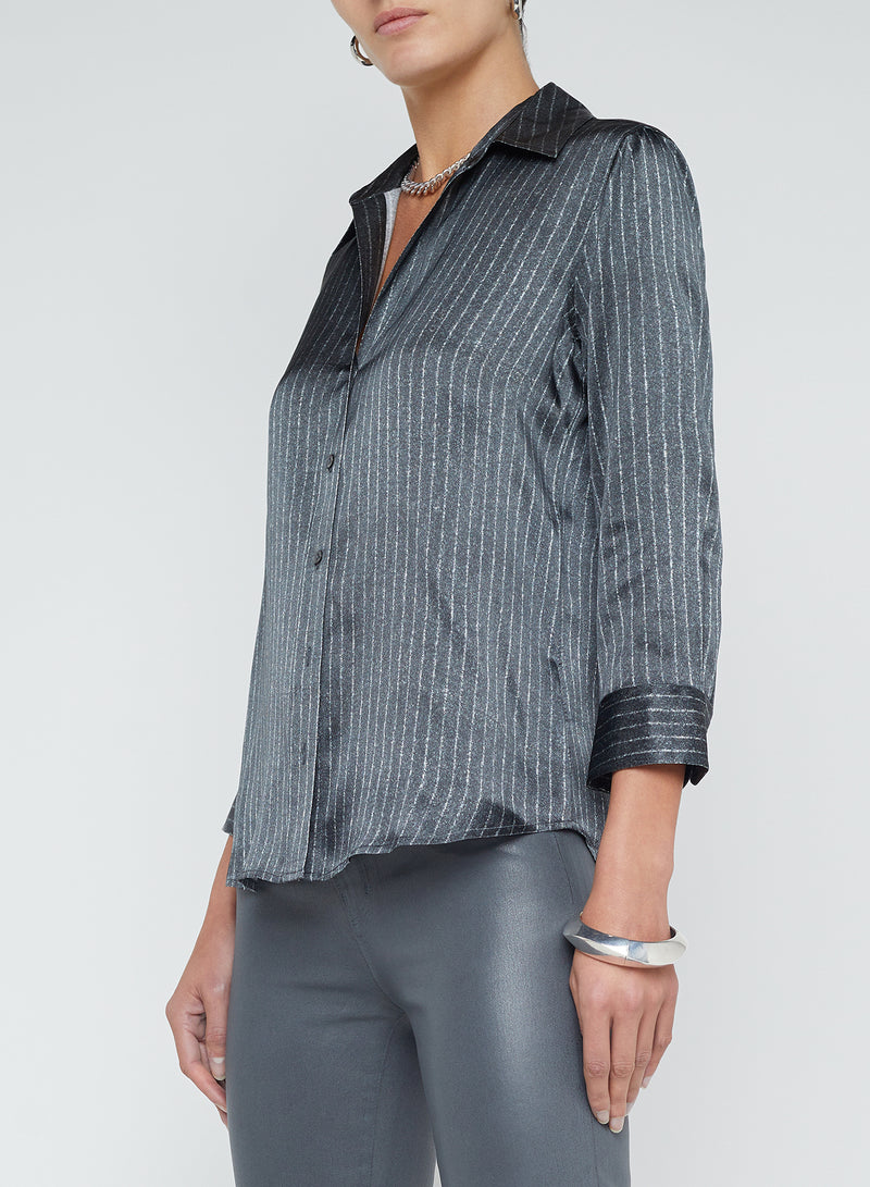 Dani Silk Blouse - Grey/Ivory Pinstripe