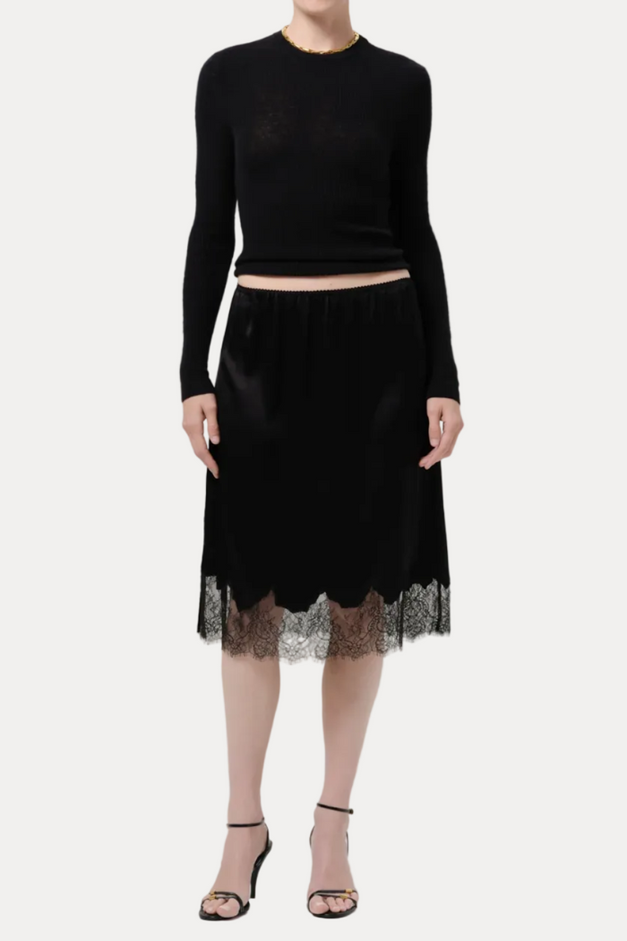 Lace Trimmed Japanese Hammered Satin Skirt - Black