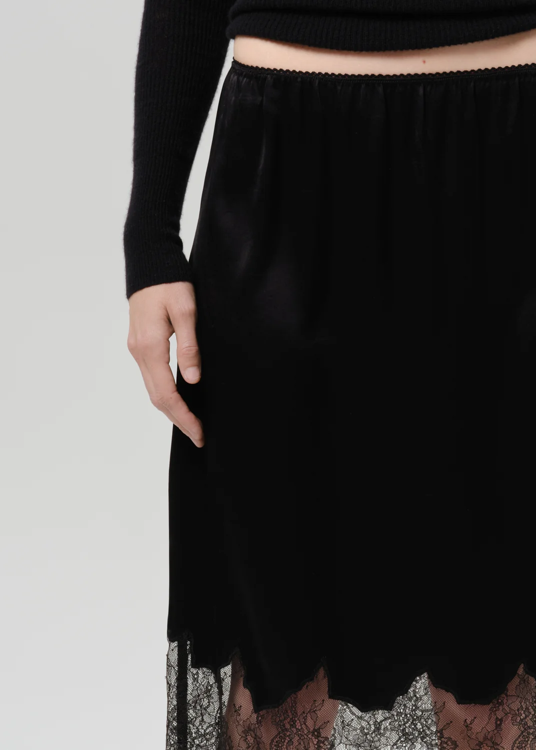 Lace Trimmed Japanese Hammered Satin Skirt - Black