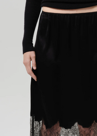 Lace Trimmed Japanese Hammered Satin Skirt - Black