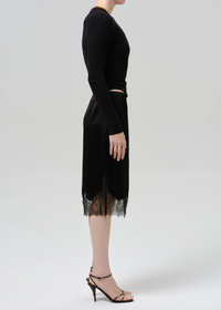 Lace Trimmed Japanese Hammered Satin Skirt - Black