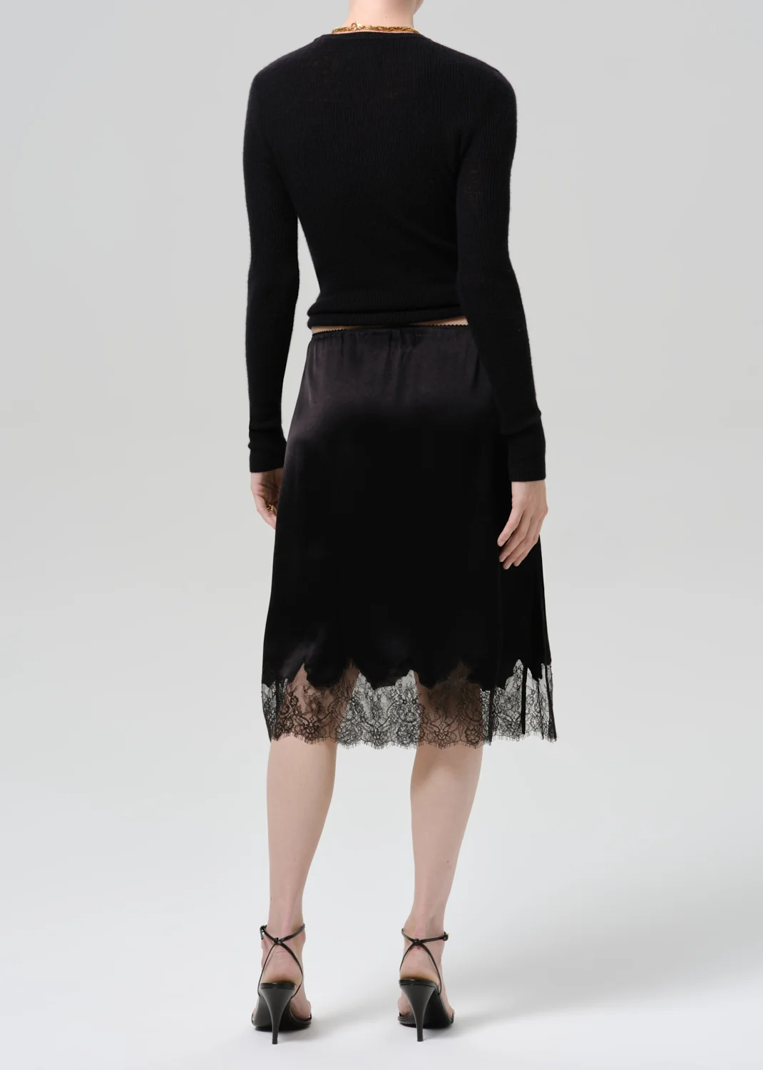 Lace Trimmed Japanese Hammered Satin Skirt - Black