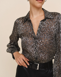 3/4 Bishop Sleeve Button Up - Silver Leopard