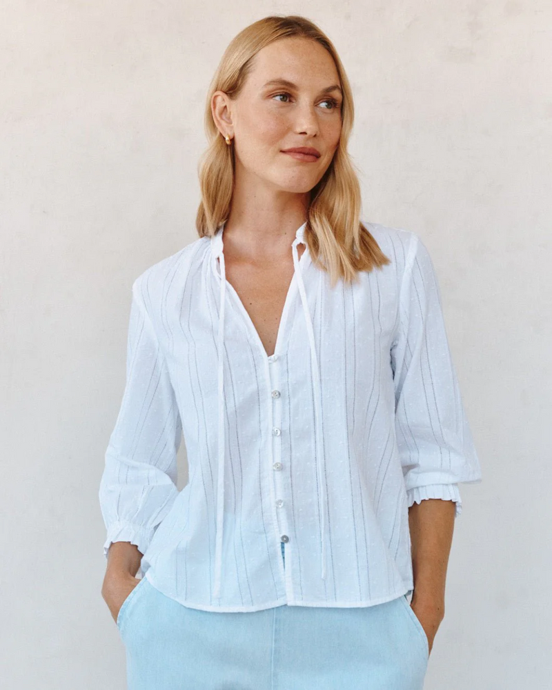 3/4 Sleeve Tie Neck Blouse - White - Bella Dahl – Twist Fashions Inc.