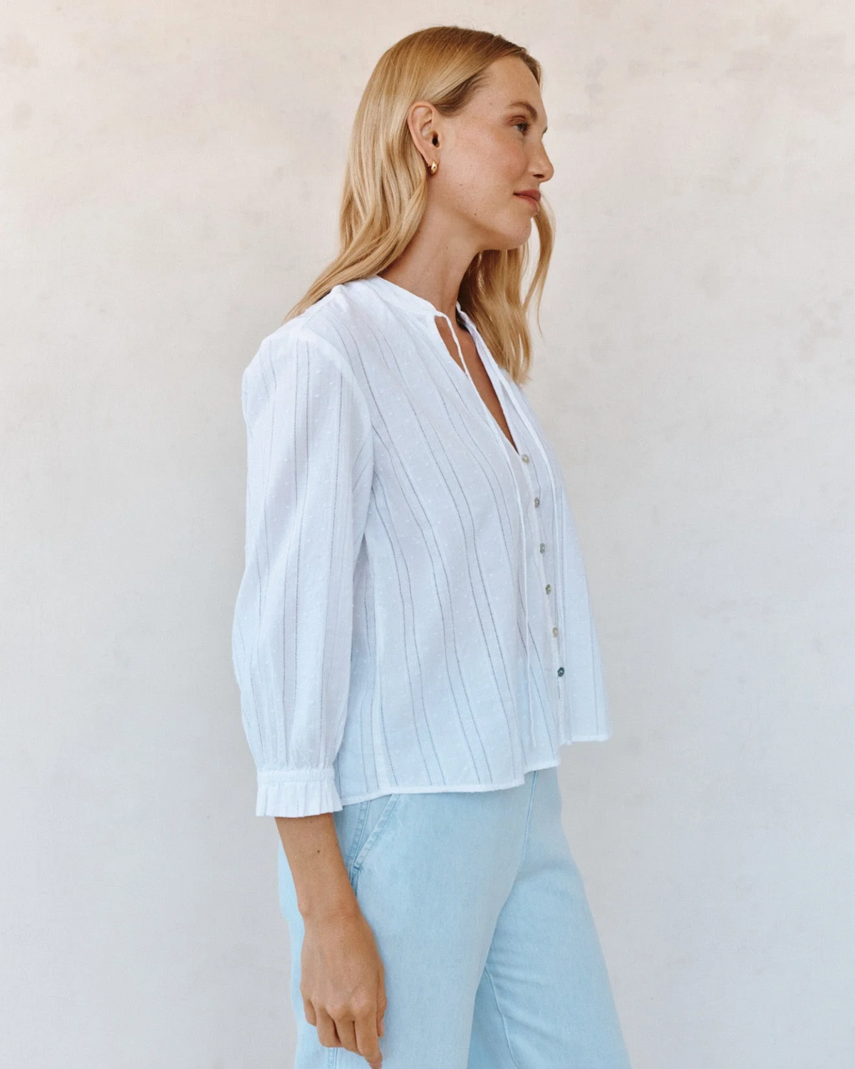 3/4 Sleeve Tie Neck Blouse - White