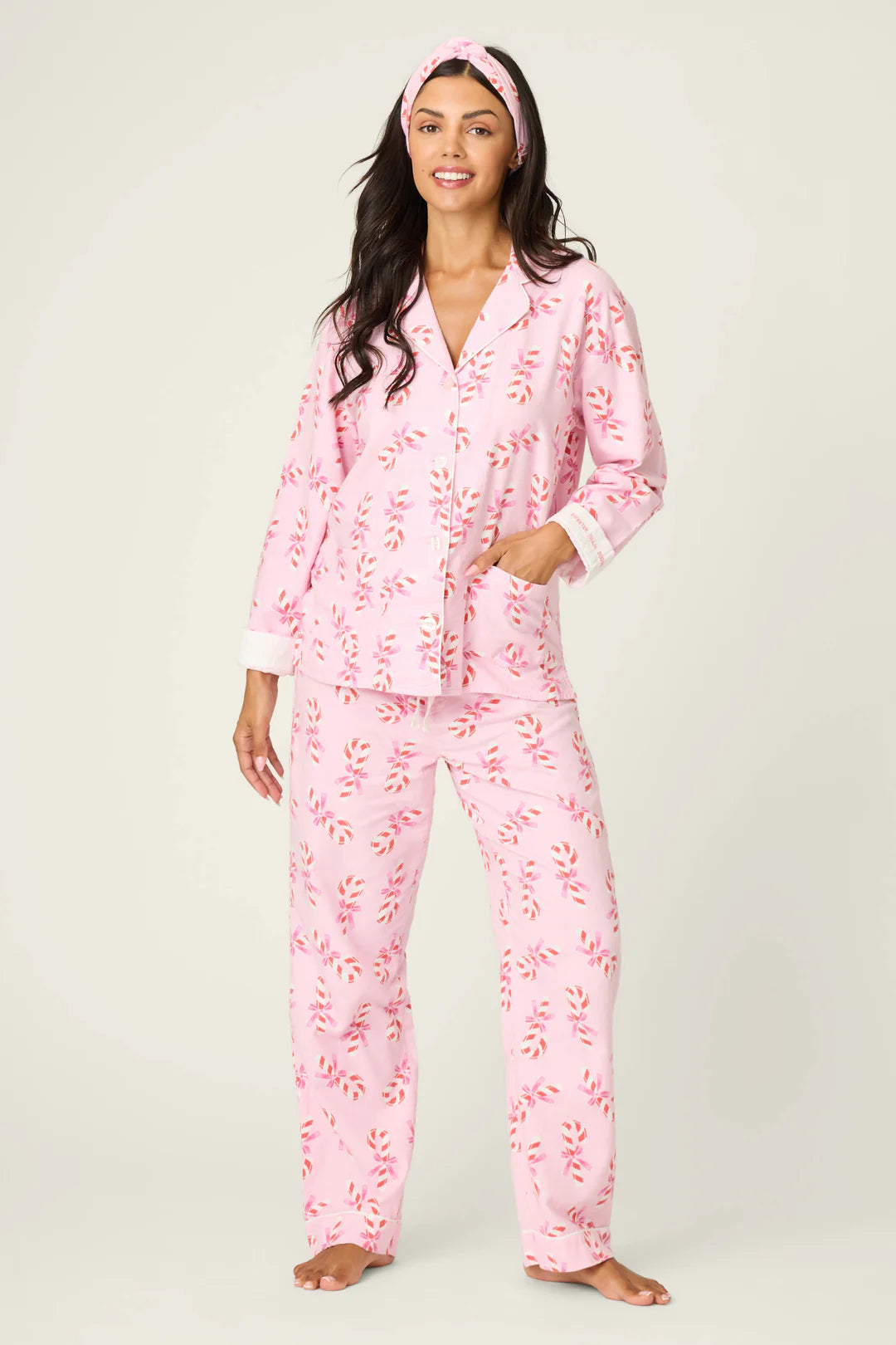 Sweeter Than Sugar Candy Cane Print Flannel PJ Set - Baby Pink