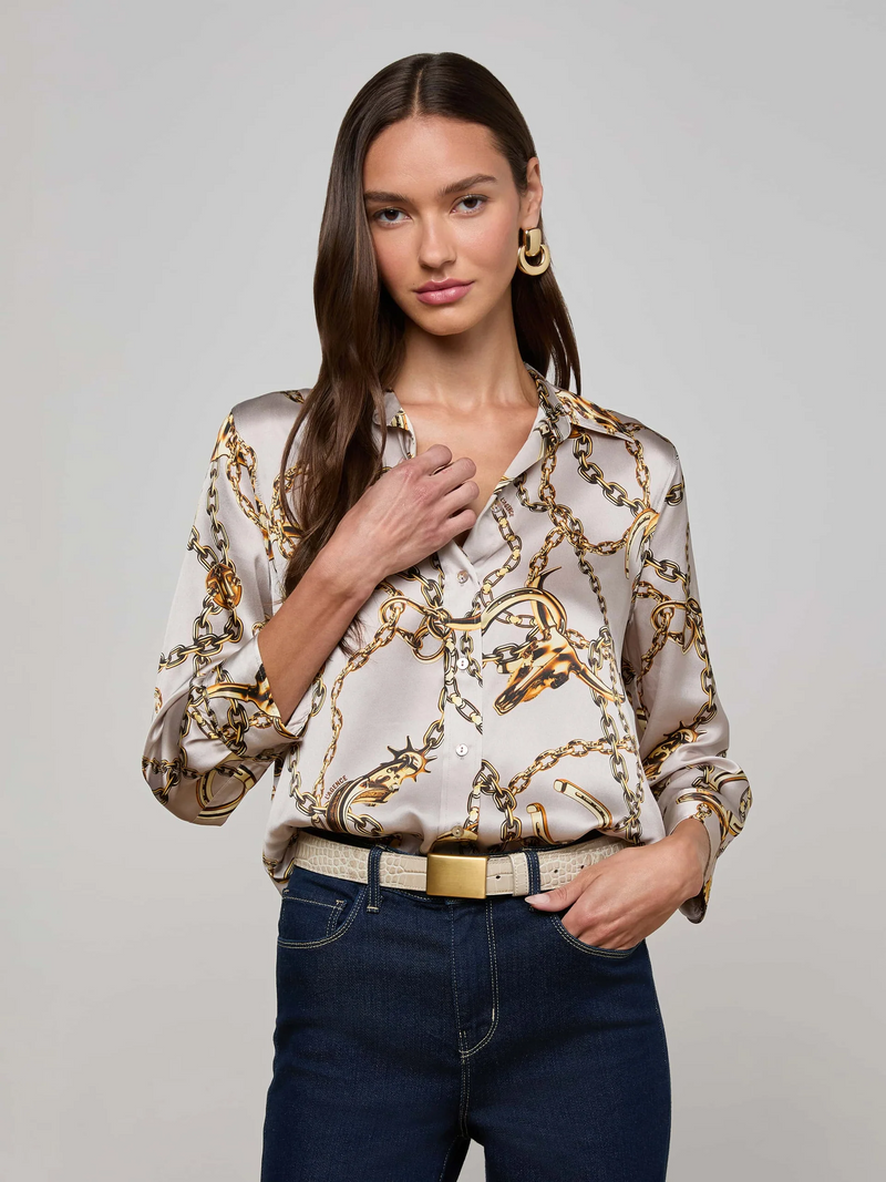 Dani Silk Blouse - Smoke Grey/Gold Long Horn Chain