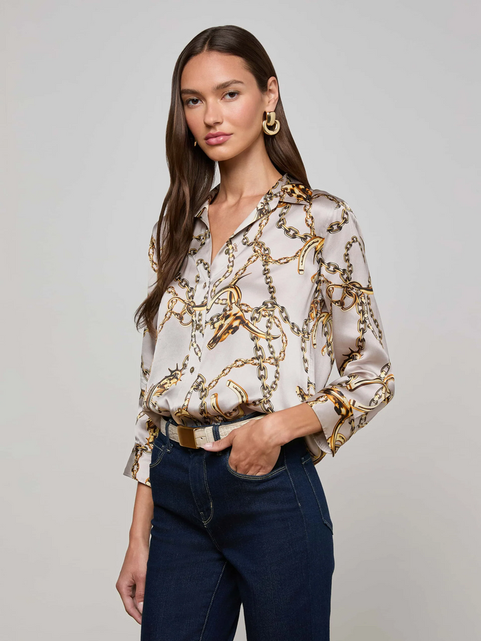 Dani Silk Blouse - Smoke Grey/Gold Long Horn Chain