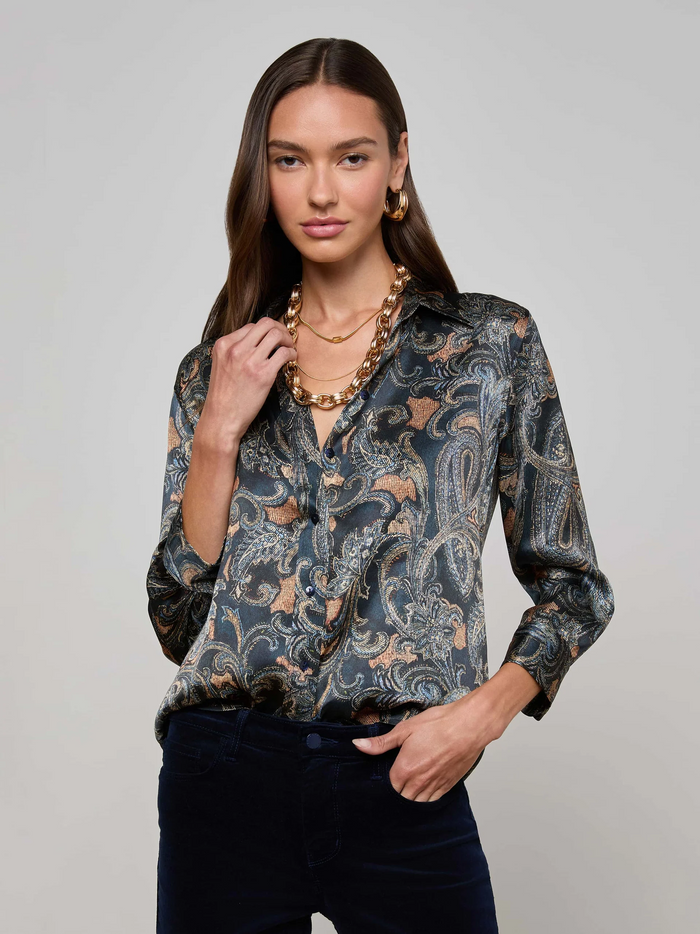 Dani Silk Blouse - Midnight Multi Etched Paisley
