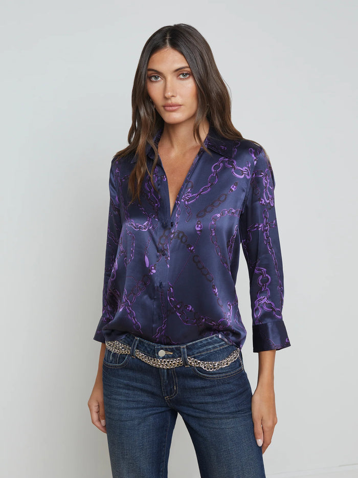 Dani Silk Blouse - Midnight/Purple Sketch Chain