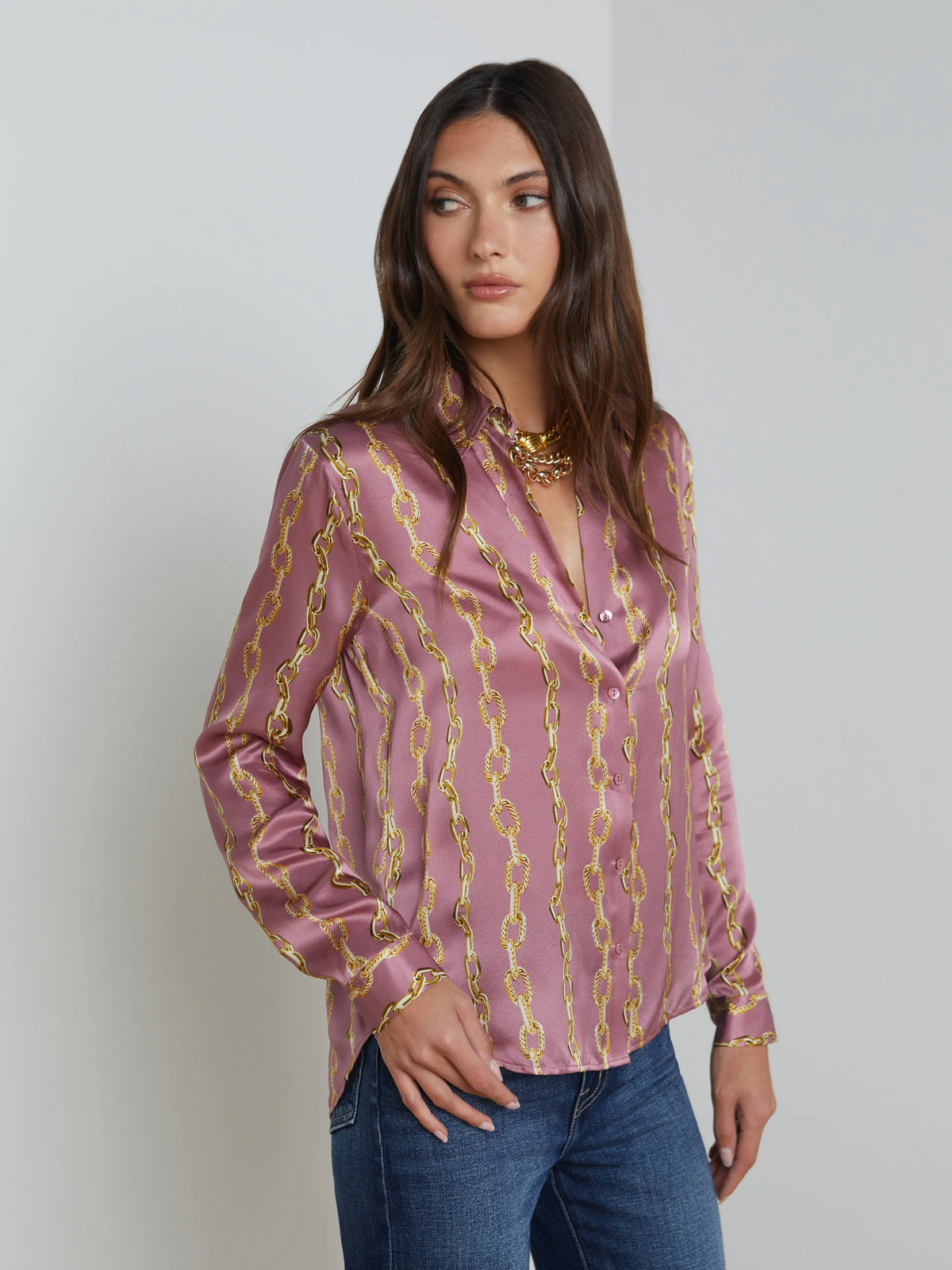 Tyler Blouse - Mauve Rose Metallic Chain