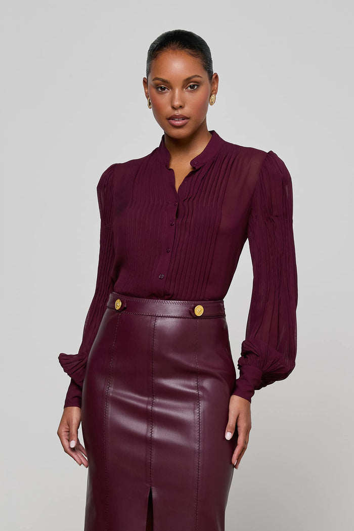 Noor Mandarin Pleated Blouse - Dark Port
